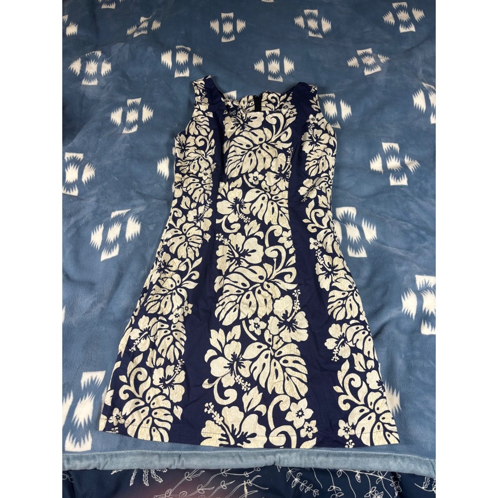 Royal Creations Navy Blue Tropical Hibiscus Floral Shift Dress Made in Hawaii XS